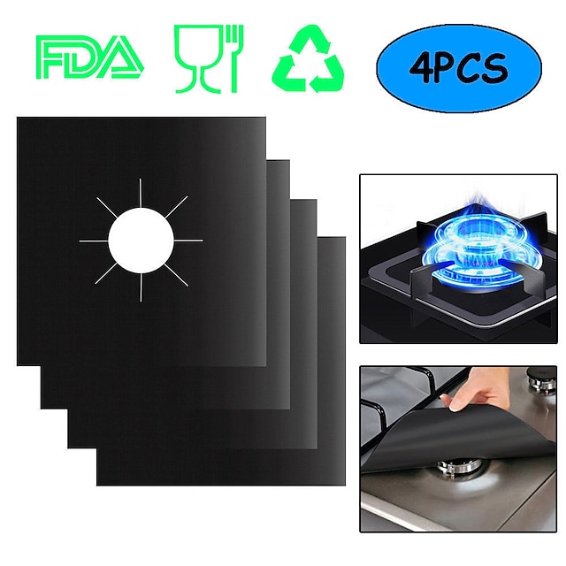 4pcs Reusable Gas Range Protector Gas Stove Burner Safe Non-Sticky and Easy to Clean Teflon Glass Fiber Black Protective Pad for Cleaning Kitchen Tools