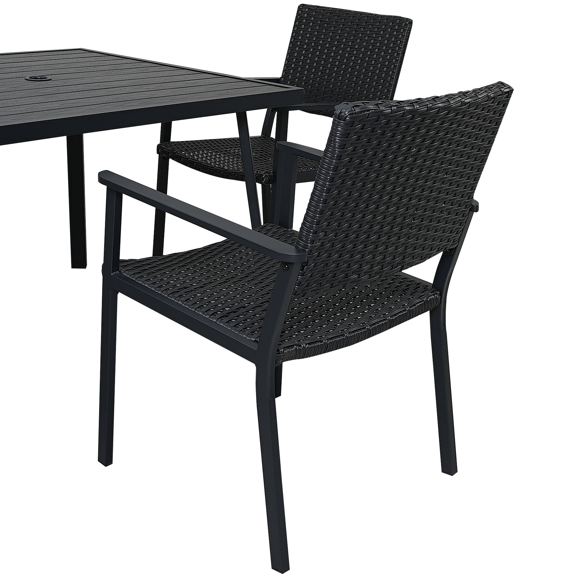 5 Piece Outdoor Patio Dining Sets, BTMWAY Outdoor Dining Table Furniture Set with Umbrella Hole and 4 Dining Chairs, Wicker Patio Furniture Set for Backyard Garden Balcony Deck Yard, Black Rattan