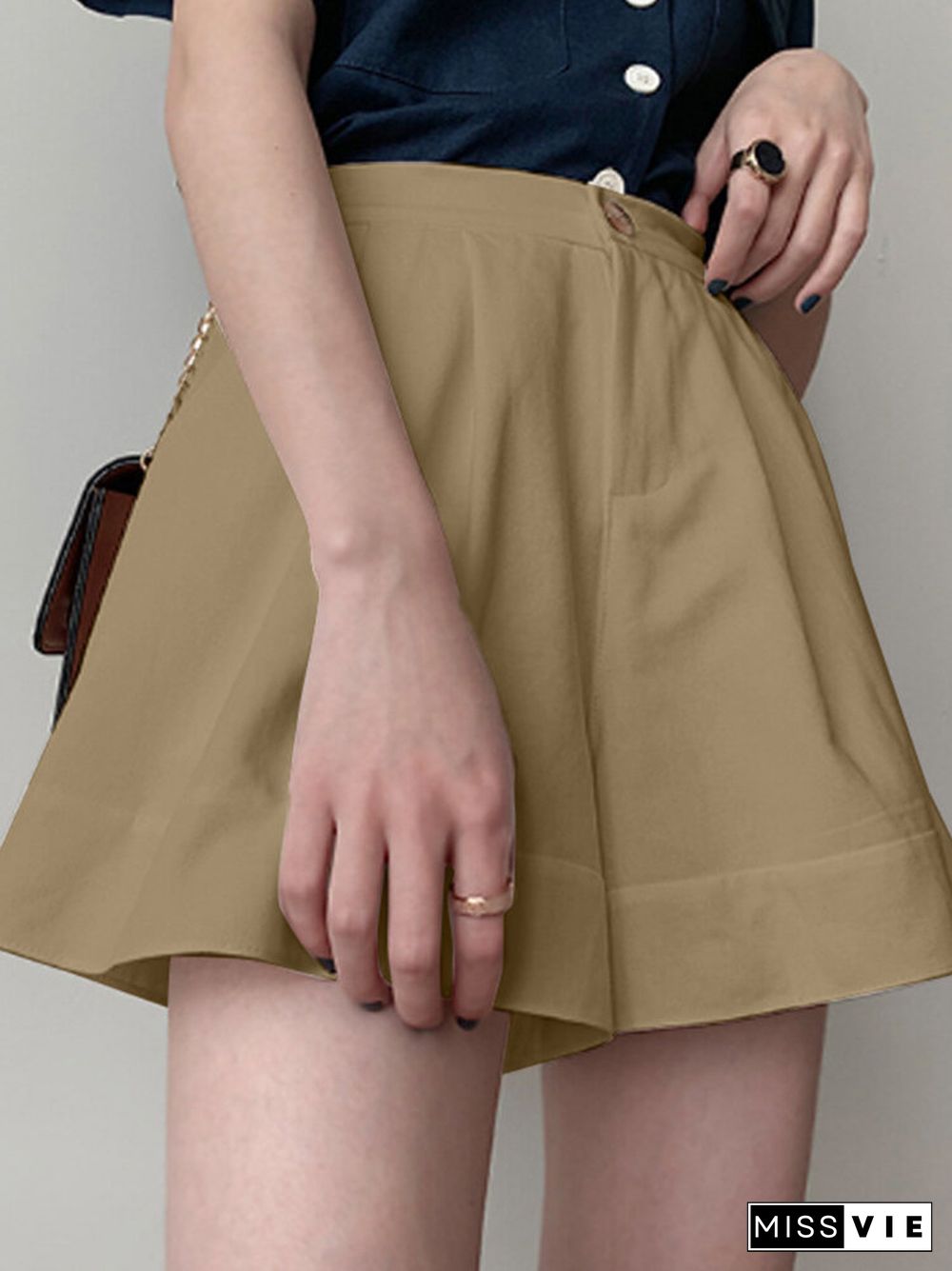 Solid Loose Button Elastic Waist Wide Leg Casual Shorts