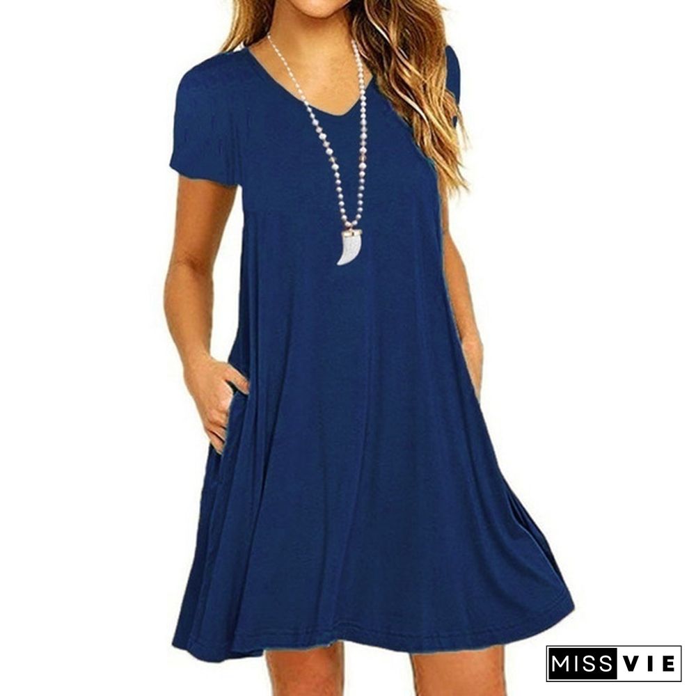 Plus Size XS-8XL Women's Fashion Spring Summer Tunic Dresses Casual Short Sleeve Slim Fit Beach Wear Ruffles Party Dresses with Pockets Deep V-neck Loose Solid Color Pleated Cotton Mini Dress