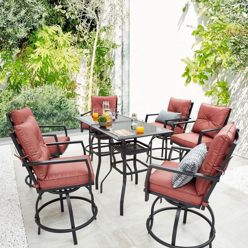 Patio Festival 8 Piece Outdoor Bistro Dining Set with Red Cushions