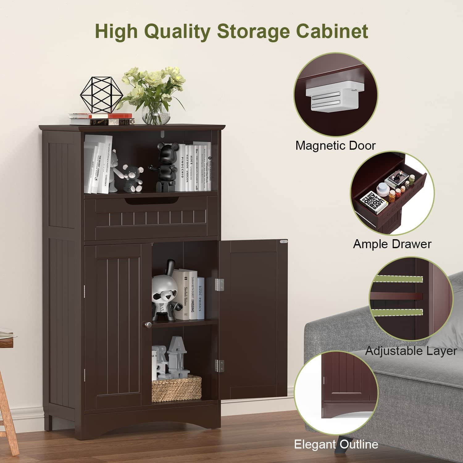 Aiho Bathroom Storage Cabinet with Drawer and Door, Dark Brown