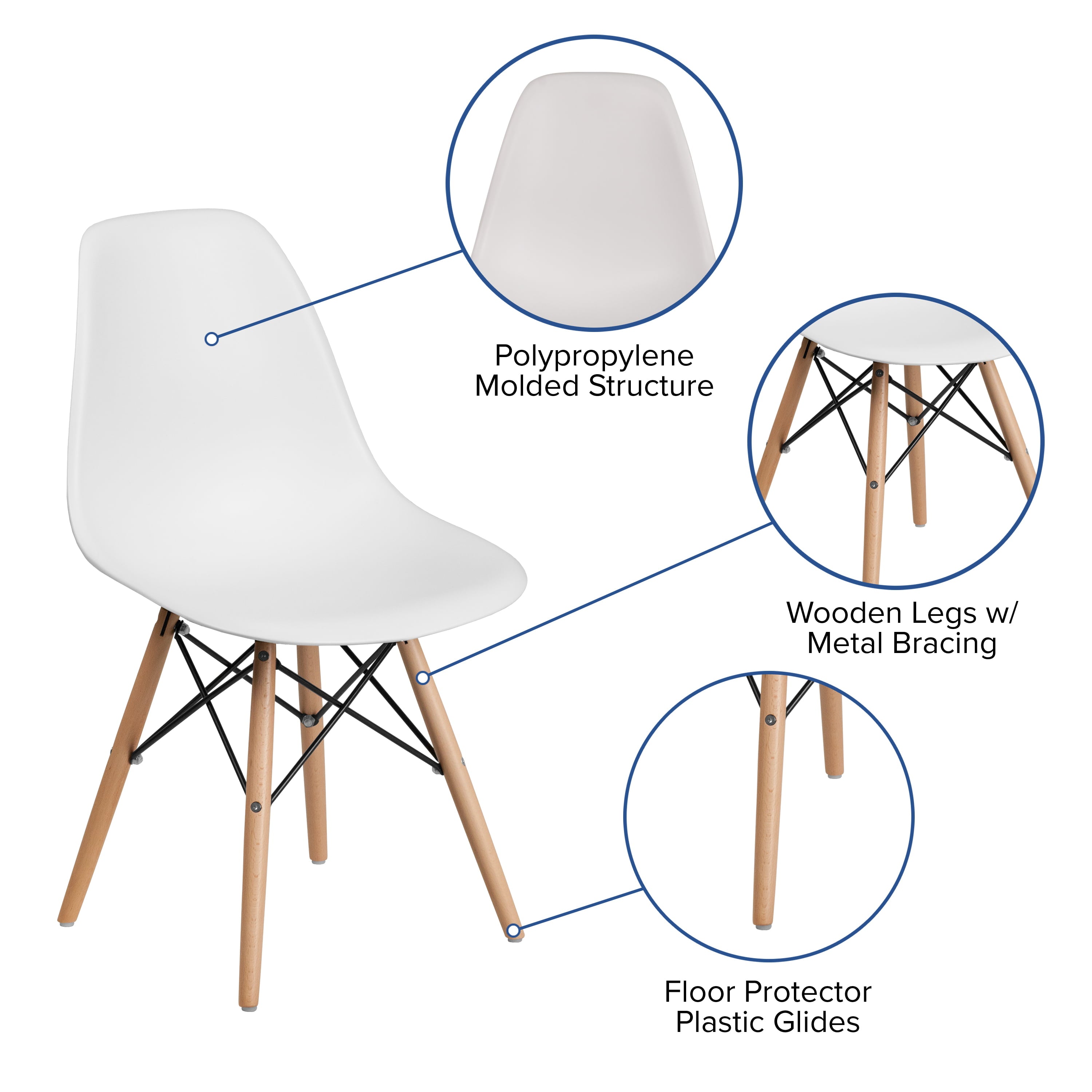 Emma + Oliver White Plastic Chair with Wooden Legs