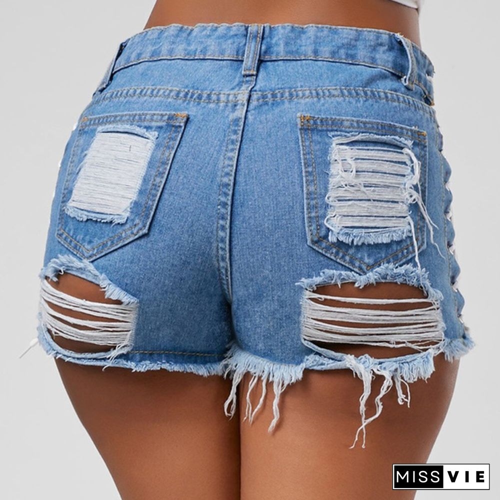 Sexy Summer Women Denim Shorts New Black Blue High Waist Ripped Short Jeans Tassel Lace Up Bandage Hotpants