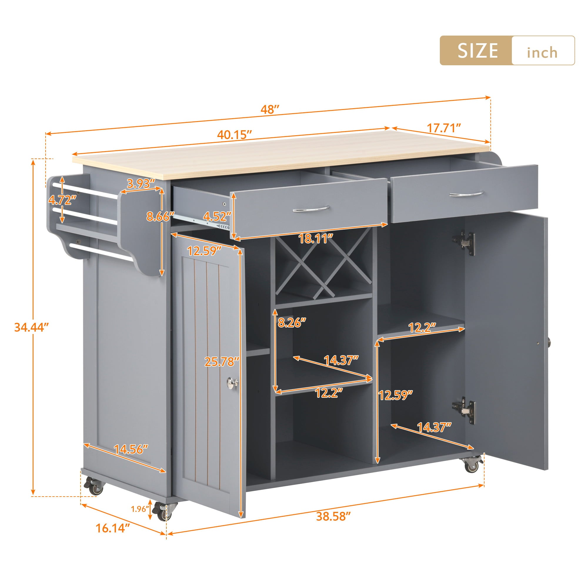 Modern Rolling Mobile Kitchen Island Cart with Wine Rack， 2 Storage Cabinets， Towel Rack and 2 Drawers， Kitchen Island Cart with 4 Locking Wheels for Kitchen， Dining Room and Hallway， Grey Blue