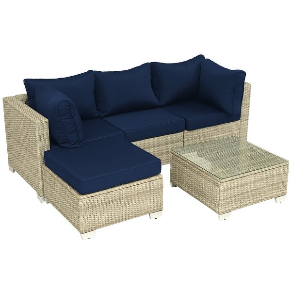 5Piece HandWoven PE Wicker Outdoor Patio Sectional Sofa Set with Cushions and Coffee Table