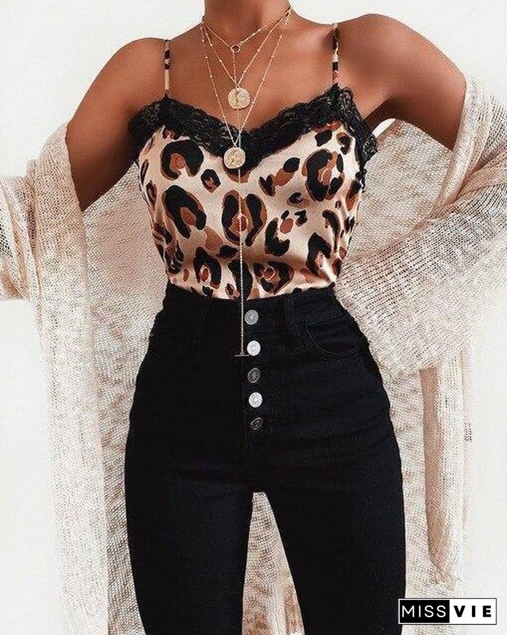 Women Lace Leopard Print Vest Ladies Sleeveless Vest Tank Tops Ladies Loose V-Neck Camisole T-Shirt Ladies Tops Clothing