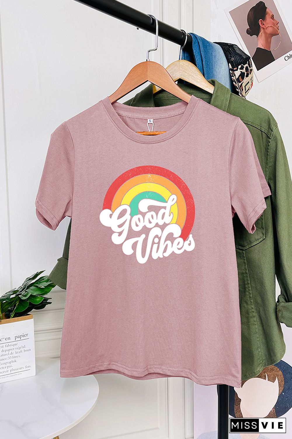 Good Vibes Vintage Rainbow Short Sleeve Graphic Tee Wholesale