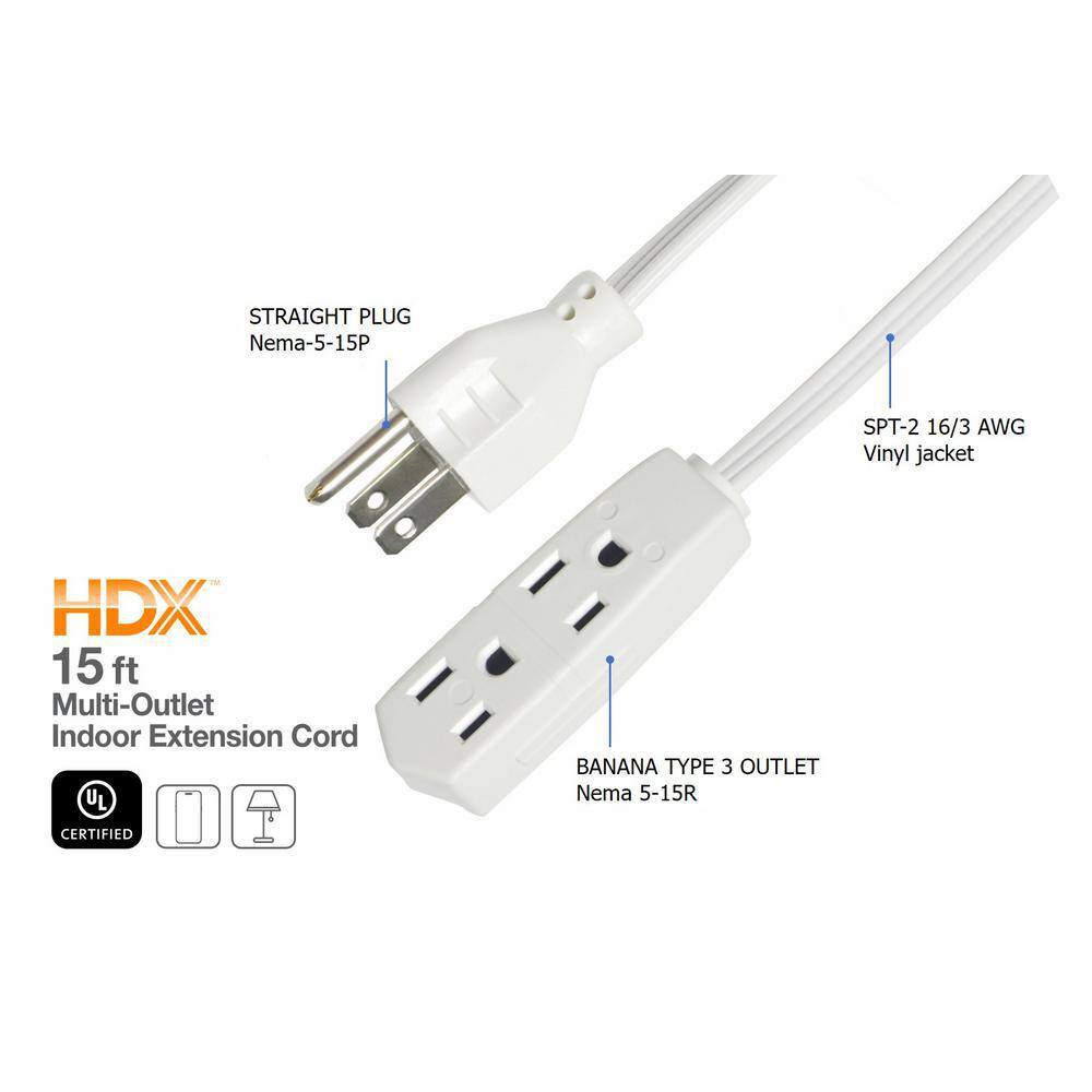 HDX 15 ft. 163 Light Duty Indoor Extension Cord with Banana Tap White HD#737-791