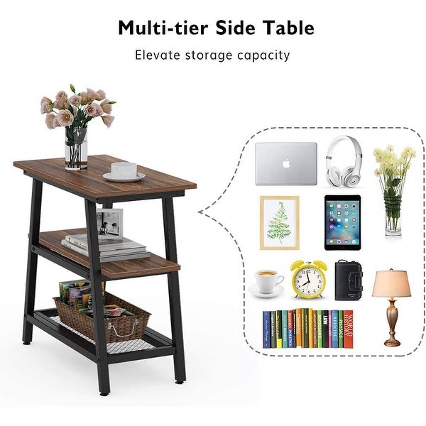 Industrial 3-Tier End Table with Metal Mesh Storage Shelf