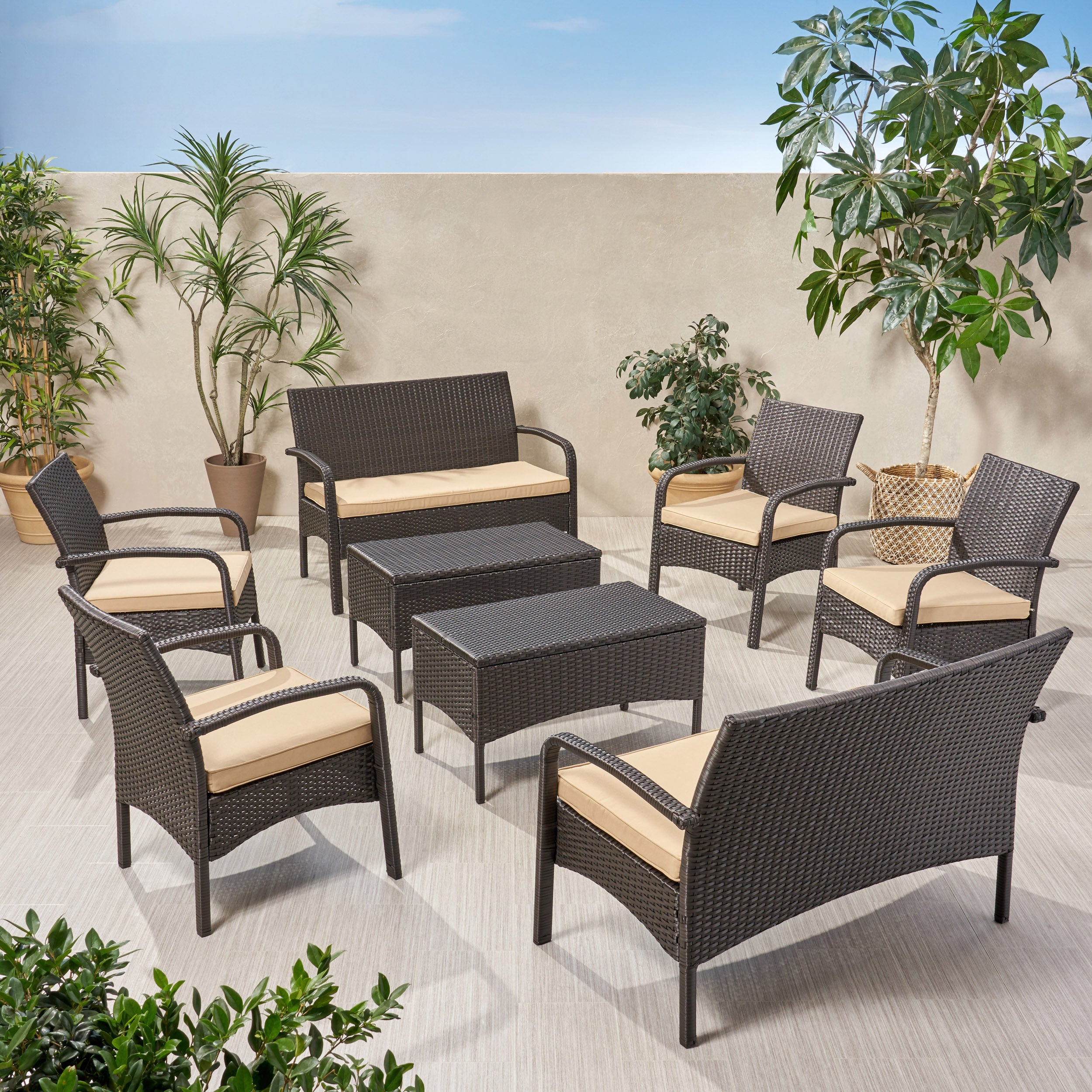 Carmela Outdoor 8 Seater Wicker Chat Set with Cushions