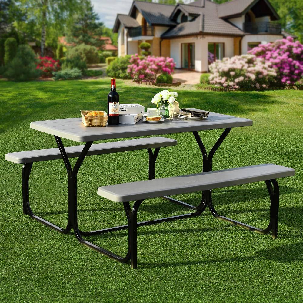 Costway Gray Rectangle Metal Picnic Table Bench Set with Extension OP3499GR