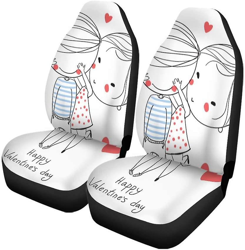 Set Of 2 Car Seat Covers Couple Valentine Day Boy And Girl Love Cartoon Happy Universal Auto Front Seats Protector Fits