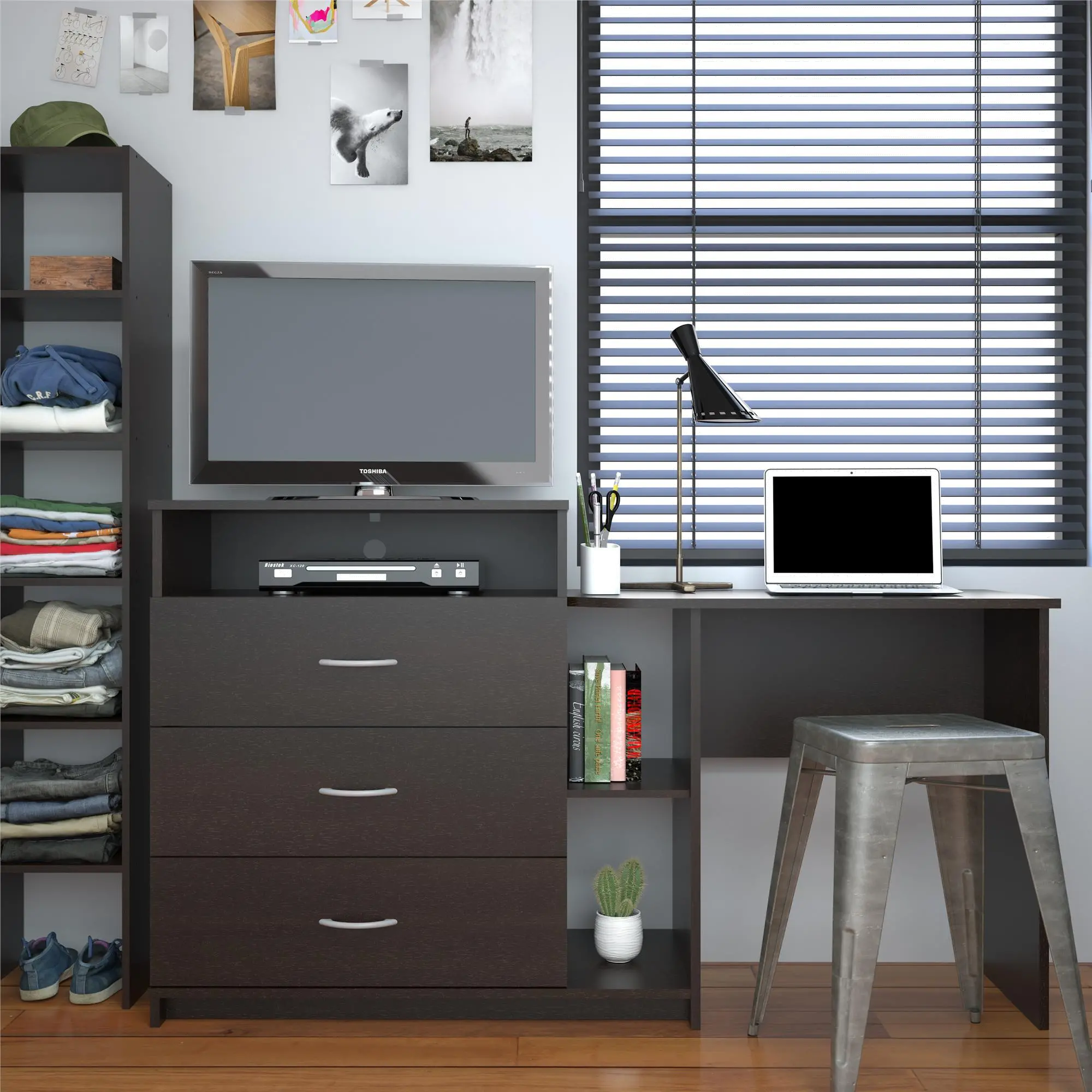 Rebel Transitional Espresso 3 in 1 Media Dresser and Desk Combo