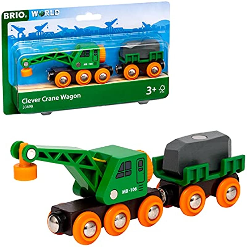 BRIO World 33698 - Clever Crane Wagon Set - 4 Piece Wooden Toy Train Accessory and Crane Toy for Kids Ages 3 and Up