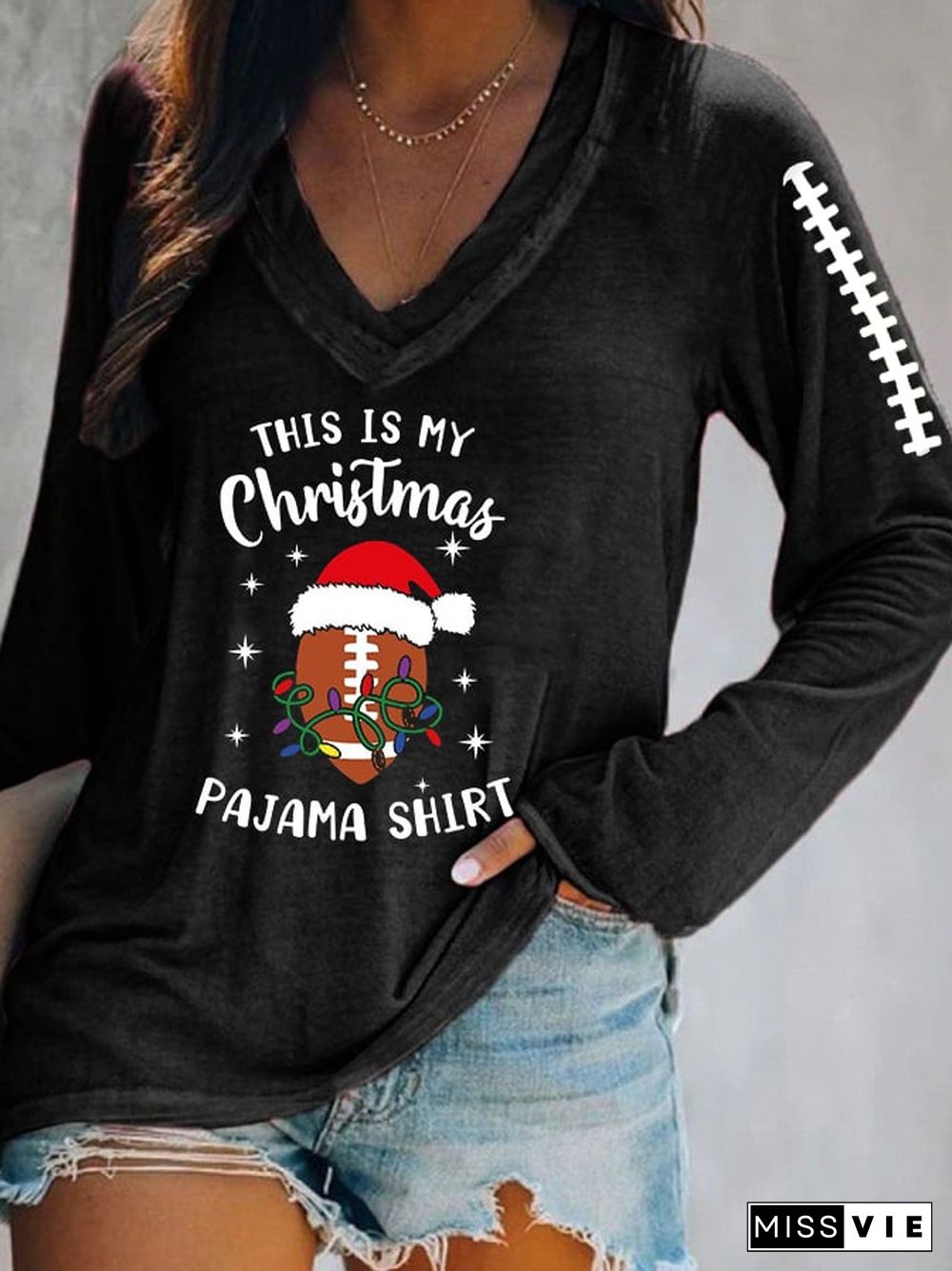 Women's Football Christmas This Is My Christmas Pajama Print V-Neck T-Shirt