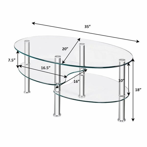 SUGIFT Tempered Glass Oval Side Coffee Table Shelf Chrome Base Living Room Clear