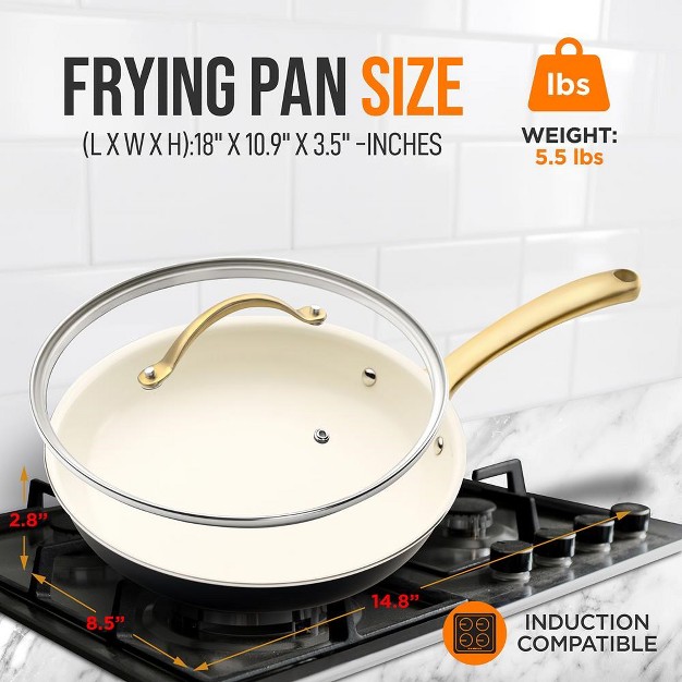 Nutrichef 10 Fry Pan With Lid Medium Skillet Nonstick Frying Pan With Golden Titanium Coated Silicone Handle