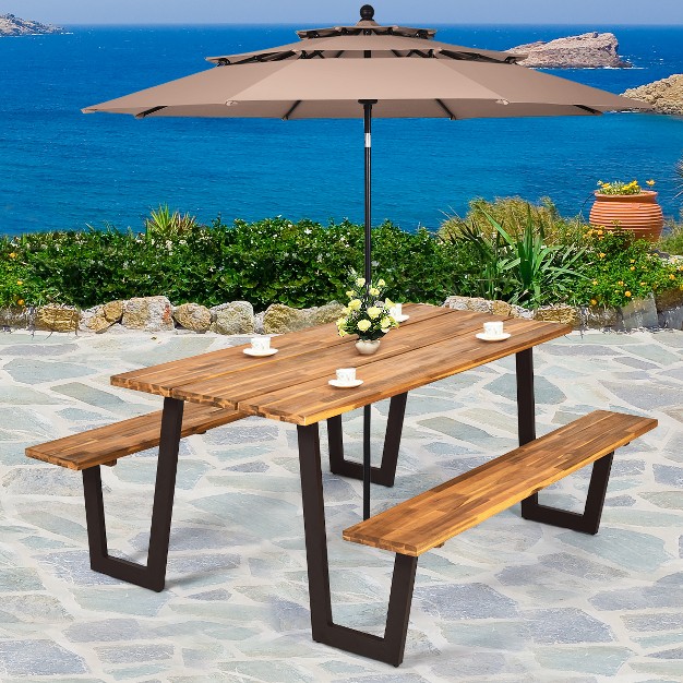 Costway Patented Picnic Table With 2 Benches 70 x27 x27 Dining Table Set With Seats And Umbrella Hole