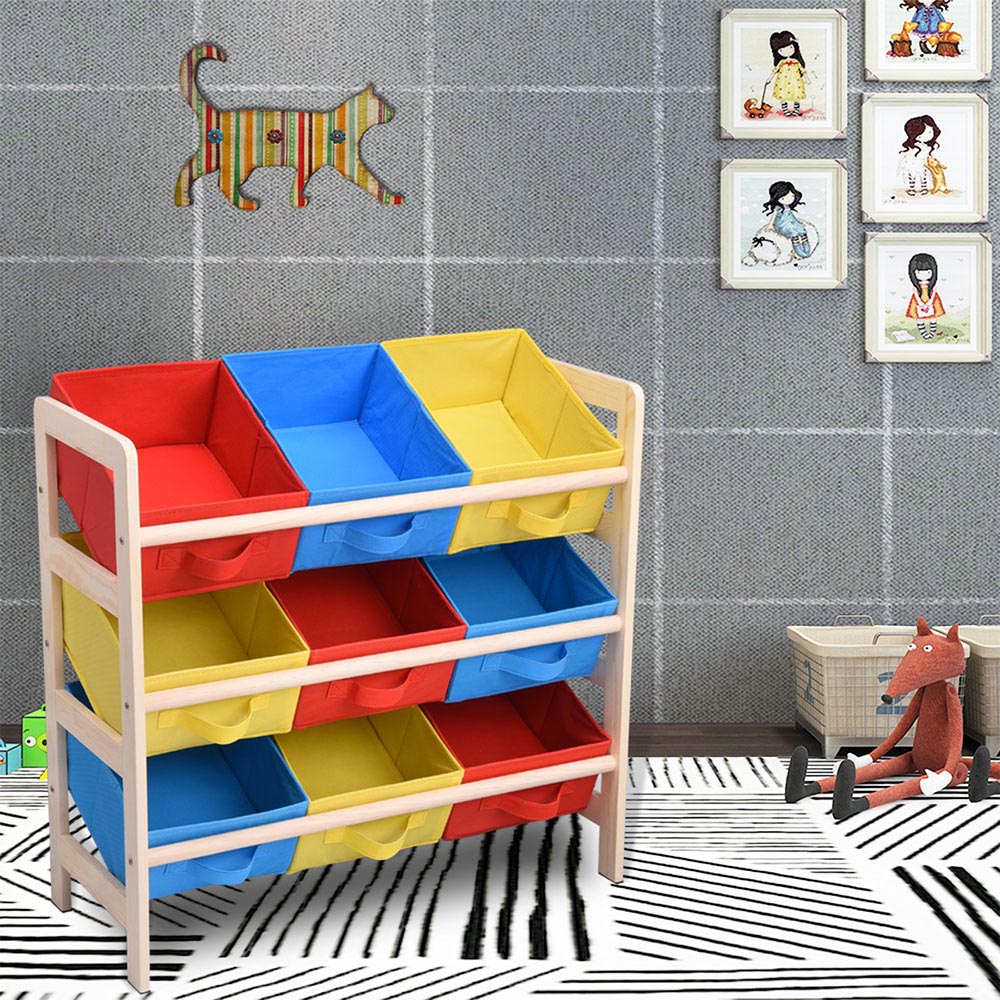 Yescom 3 Tires Kids Toys Color Organizer Wood Shelf 9-Bin Storage