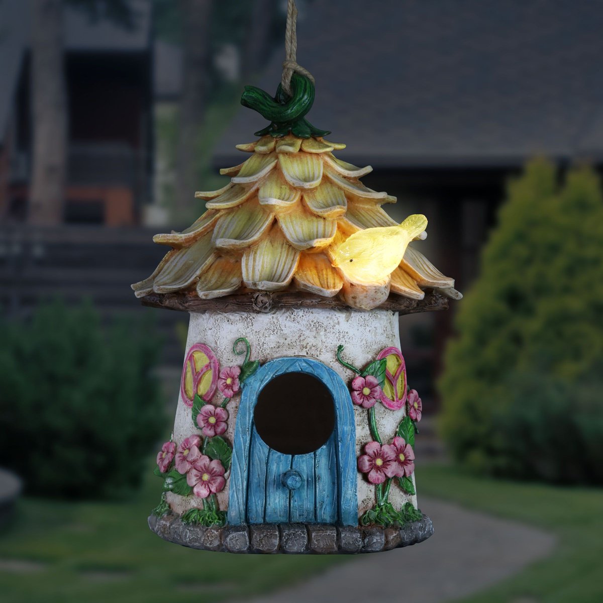 Exhart Solar Hand Painted Fairy House Hanging Bird House