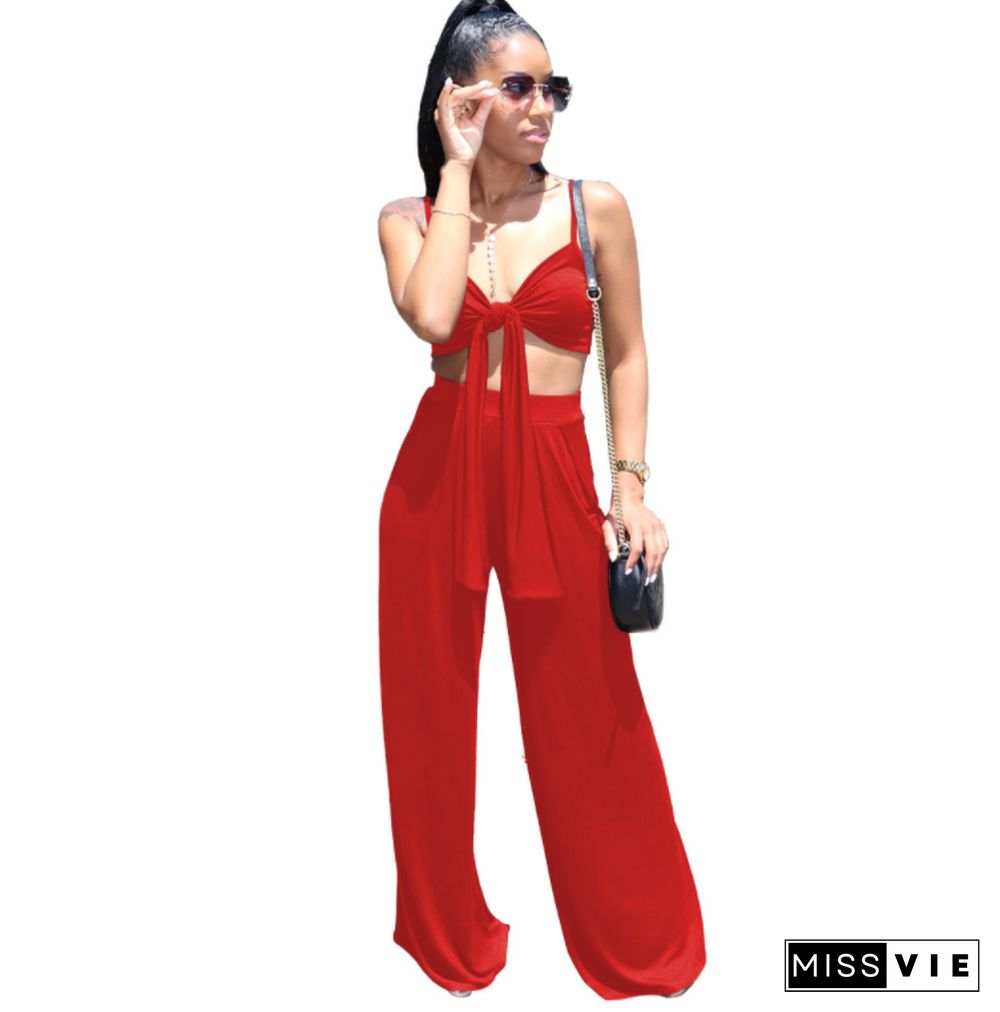 Sexy Solid Color Spaghetti Straps Bandage Wrap Chest Crop Top Loose Long Pants Two Piece Set