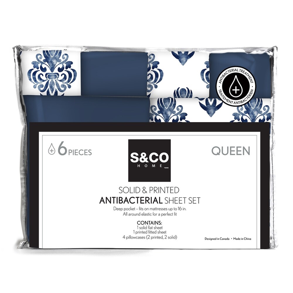 Antibacterial Printed Solid 6 Piece Double Navy Sheet Set