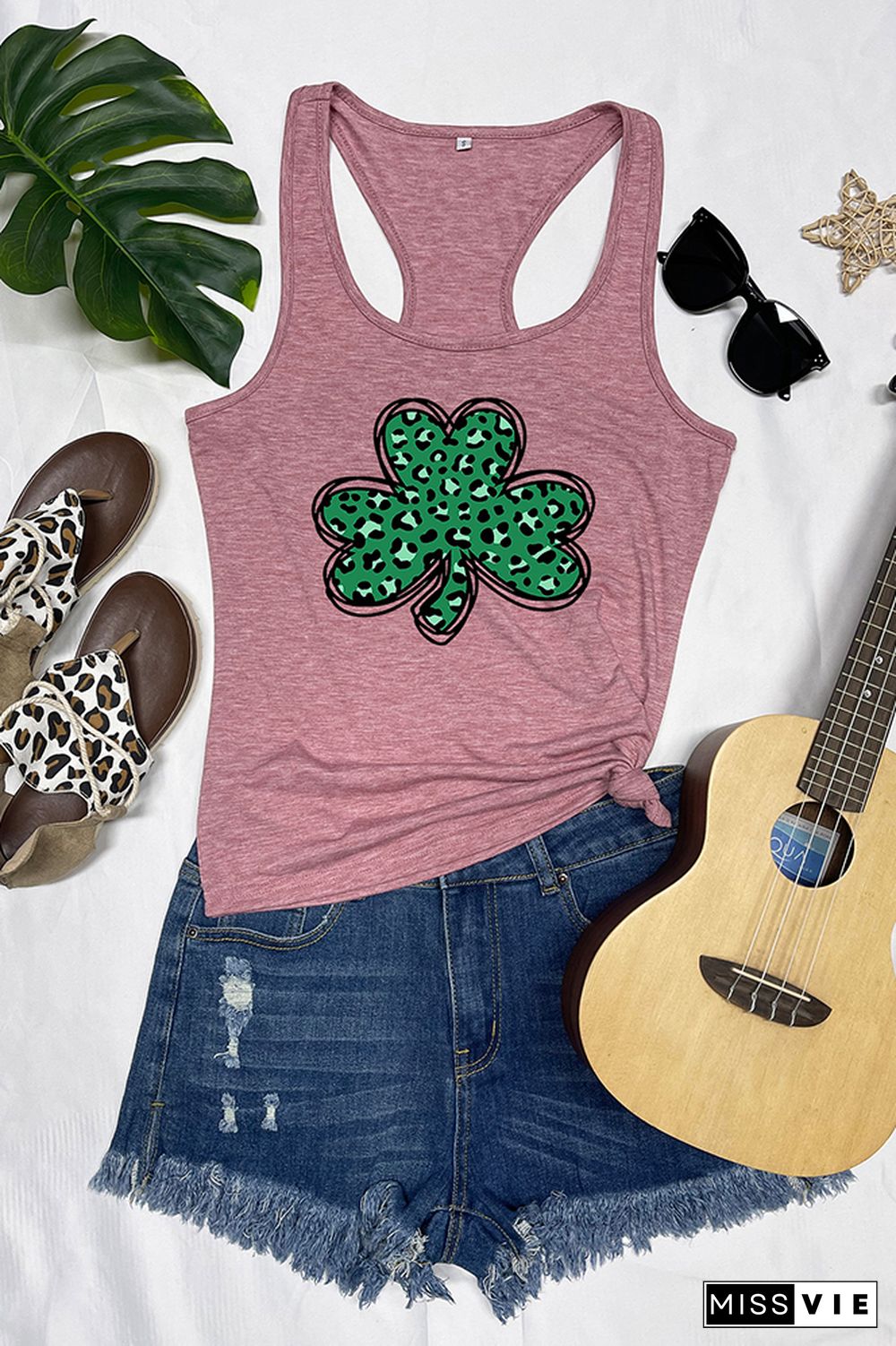 St Patricks Day,Leopard Shamrock Sleeveless Tank Top Wholesale