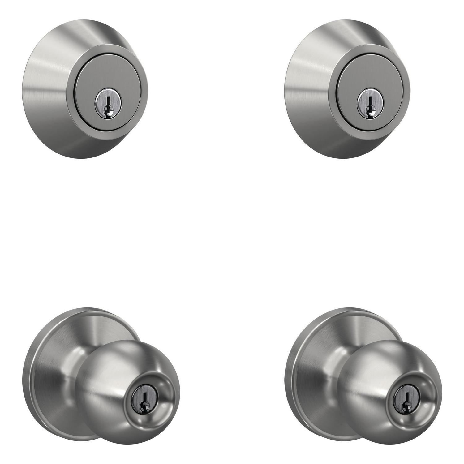 First Secure by Schlage Single Cylinder Door Deadbolt Lock and Keyed Entry Rigsby Door Knob Lock  Twin Pack in Satin Stainless Steel for Exterior Doors