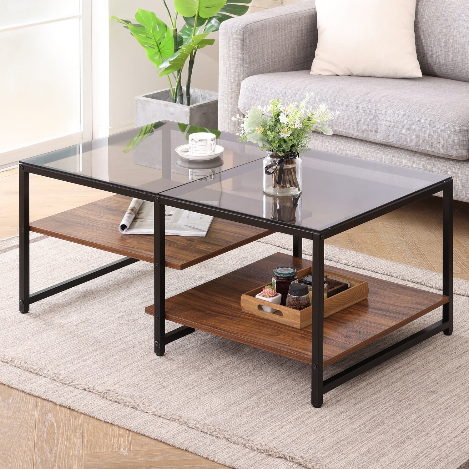 Glass Coffee Table with 2-Tier Shelves Tea Table for Living Room, 40