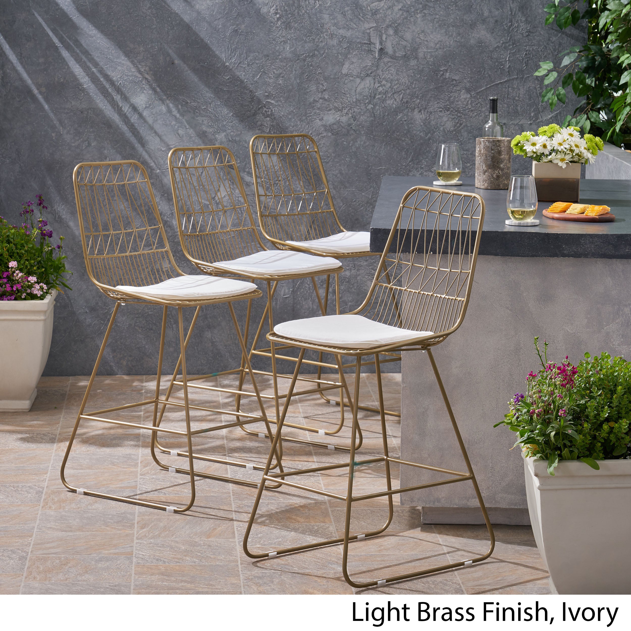 Hedy Outdoor Wire Counter Stools with Cushions (Set of 4)