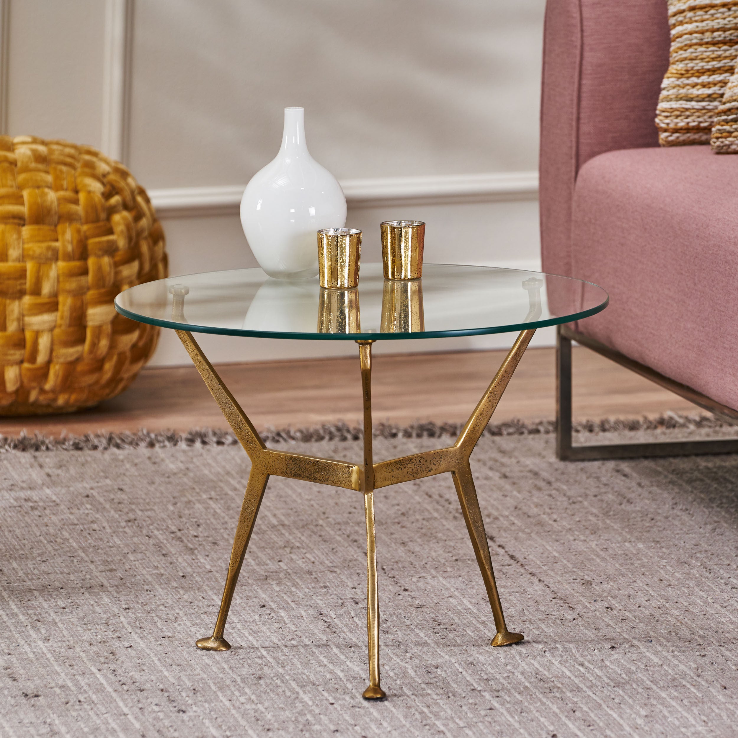 Hoadley Modern Glam Handcrafted Glass Top Aluminum Tripod Coffee Table, Raw Brass