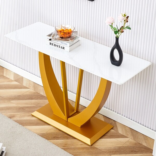 Modern and simple rectangular glass dining table in white with a pattern，white top and gold legs，suitable for entrance