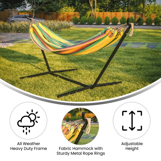 Flash Furniture Lola 2 Person Hammock With Stand And Premium Carry Bag Cotton Hammock With Space Saving Steel Stand 450 Lbs Static Weight Capacity