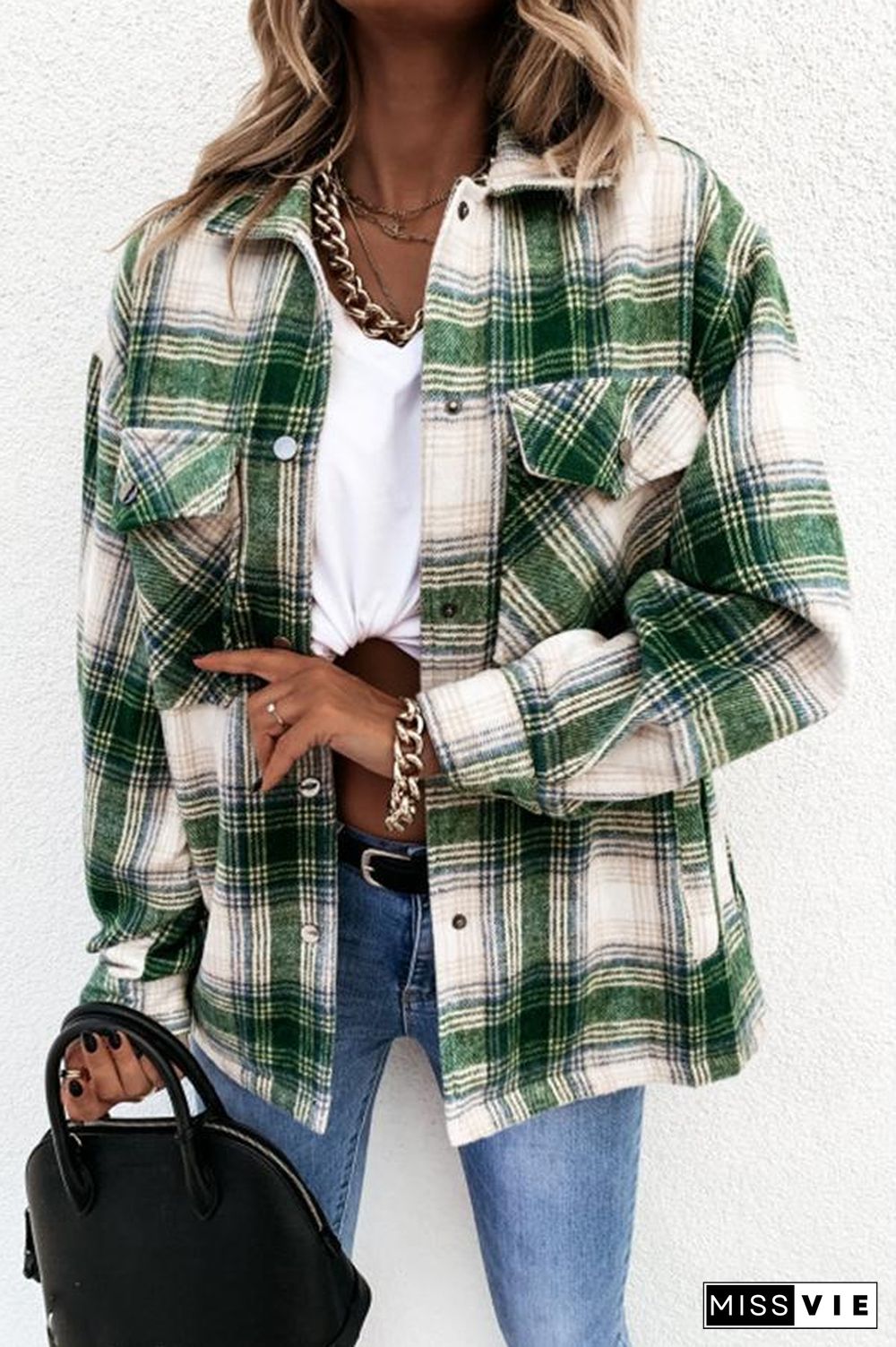 Long Sleeve Plaid Shirt Collar Jacket P13325