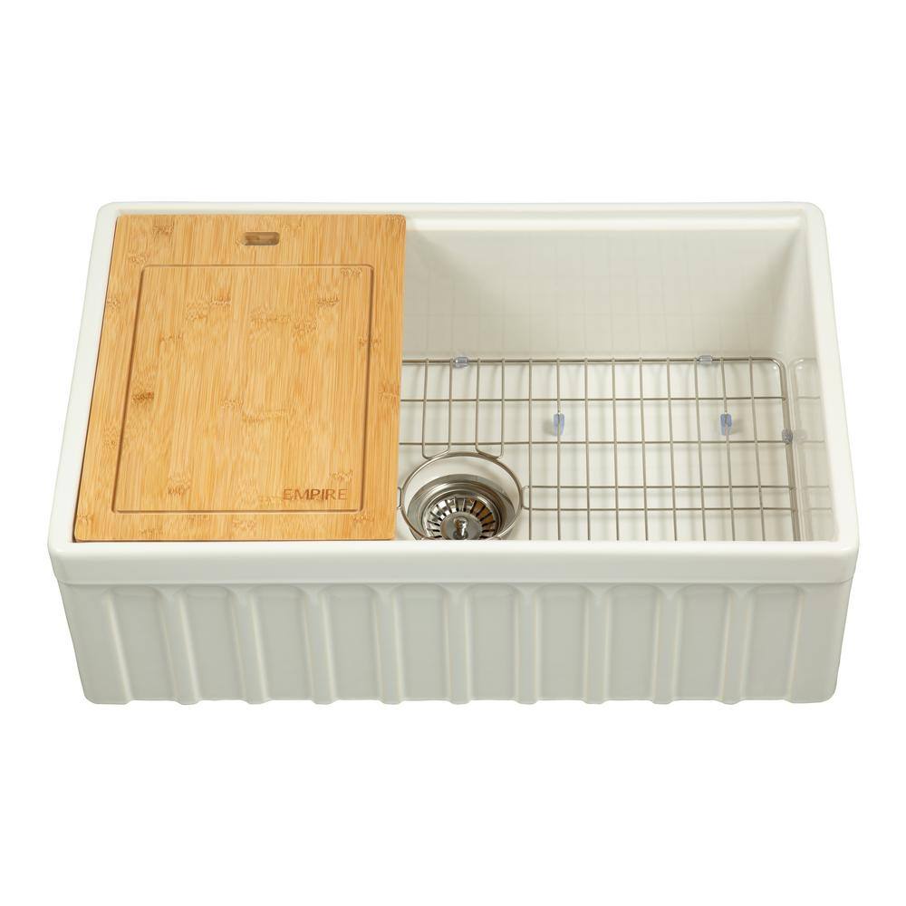 Empire Industries Yorkshire Farmhouse Fireclay 33 in. Single Bowl Kitchen Sink with Cutting-Board Grid and Strainer in White YO33S