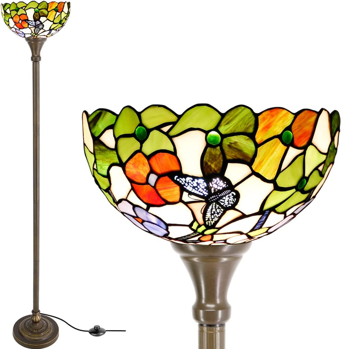 BBNBDMZ Torchiere Tiffany Floor Lamp Stained Glass Standing Torch Light Antique Grape Pole Corner Uplight 12X12X67 Inches Decor Lighting for Living Room Bedroom  Office