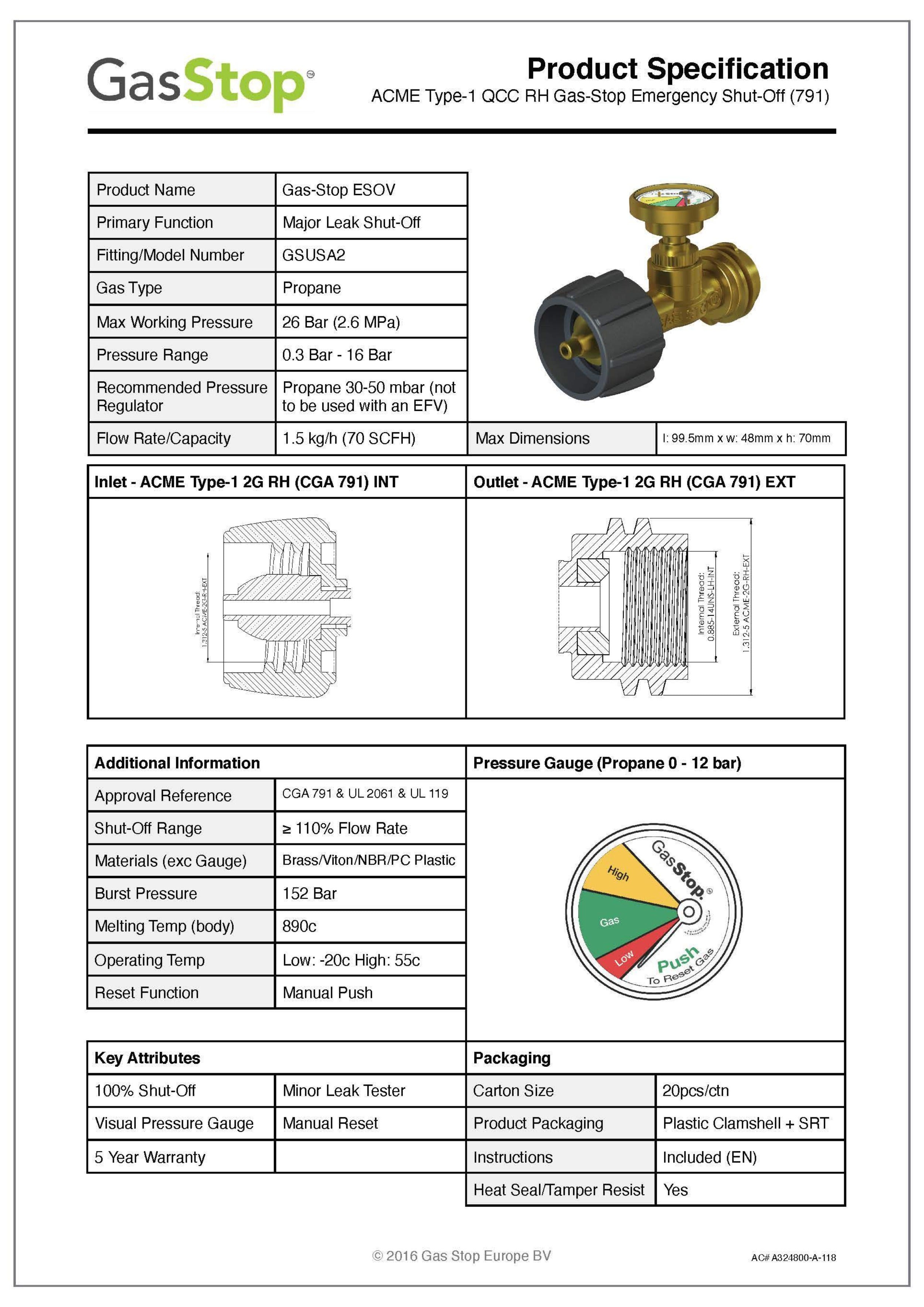 ACME GasStop RV Propane Emergency Valve - GSUSA2