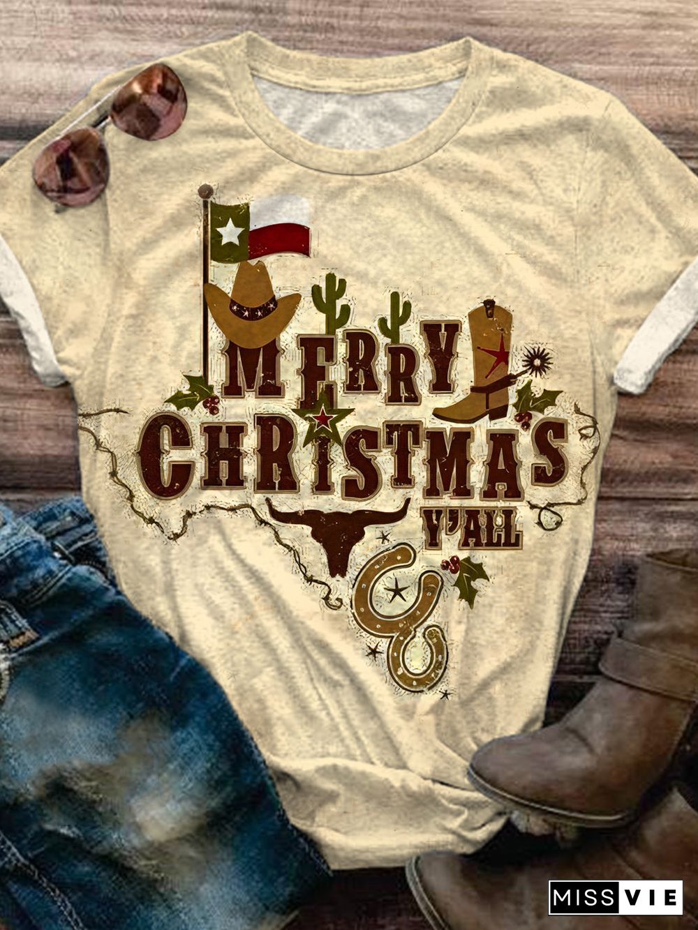 Vintage Western Christmas Print Crew Neck T-shirt