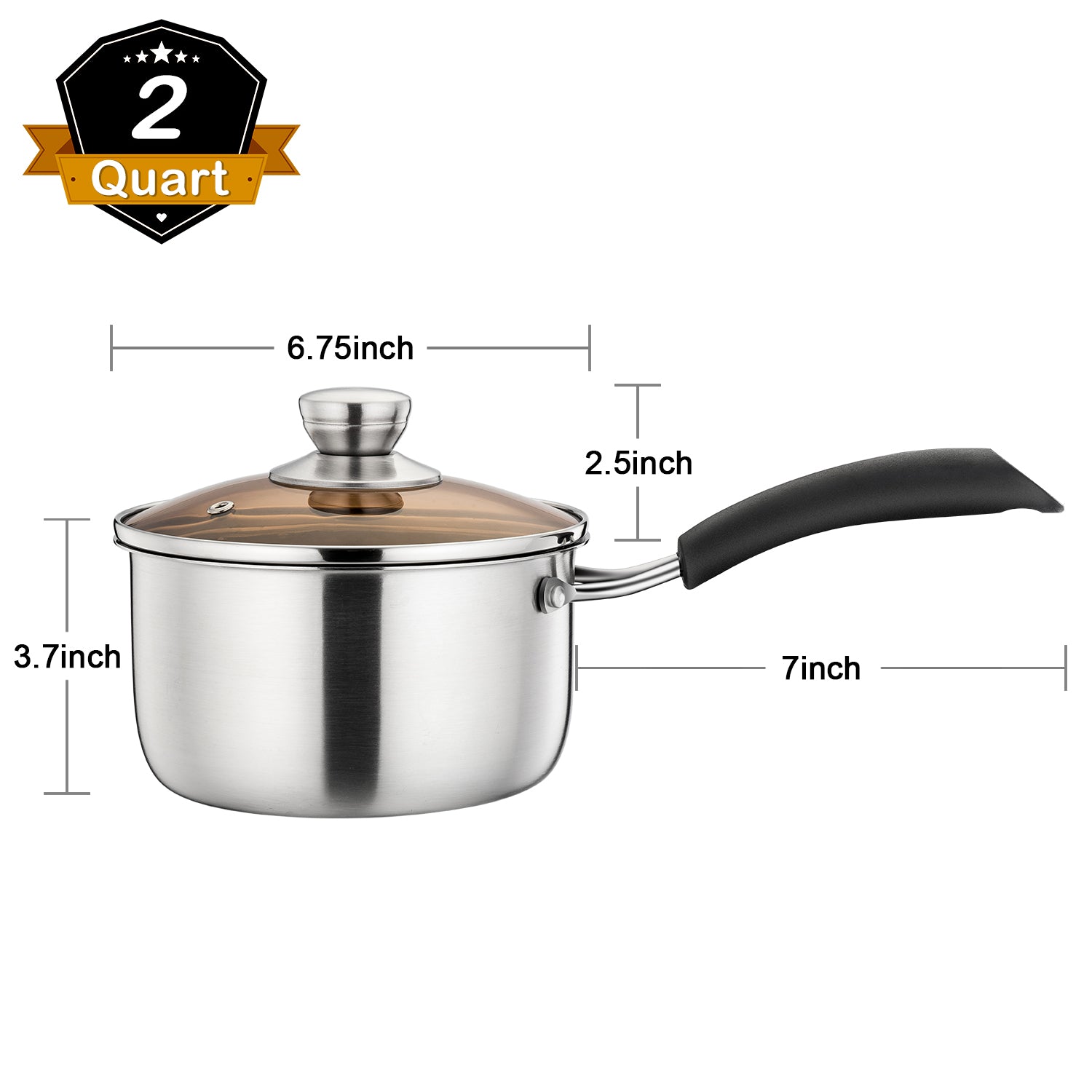 Walchoice 2 Quart Saucepan with Lid， 18/10 Stainless Steel Soup Pot for Home Kitchen， Transparent Lid and Dishwasher Safe