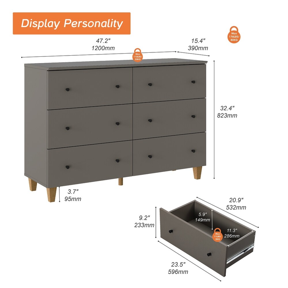 6 Drawers Dresser for Bedroom  Wooden Wide Chest of Drawers