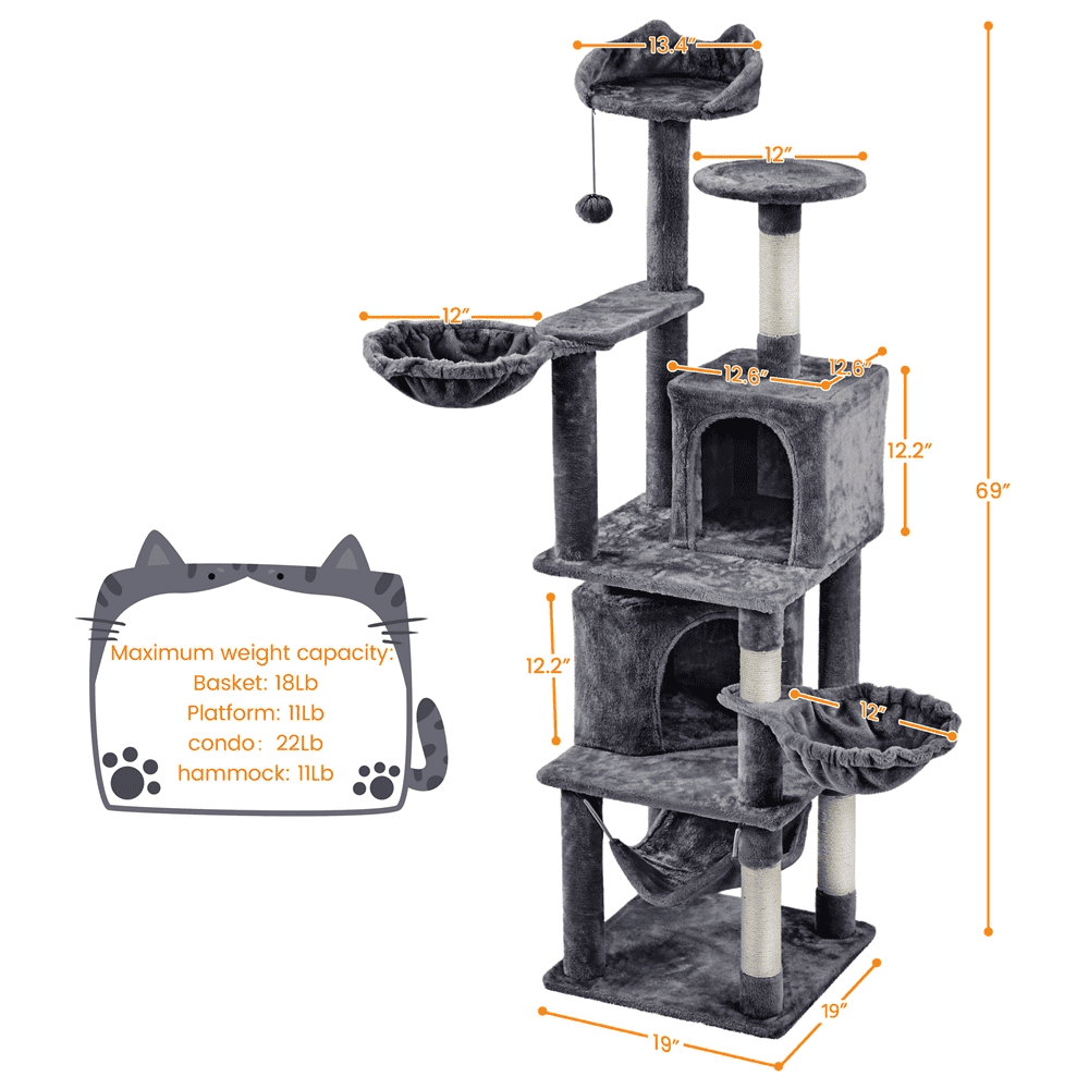 SMILE MART 69-inch Multilevel Cat Tree Towers with Double Condo for Cats Kittens， Dark Gray