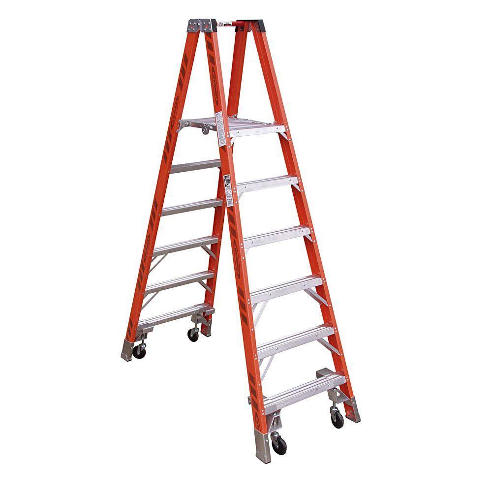 Werner 16 ft. Reach Fiberglass Platform Twin Step Ladder with Casters 300 lb. Load Capacity Type IA Duty Rating PT7410-4C