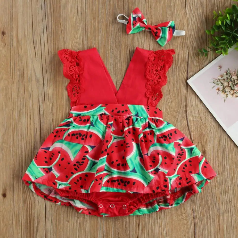 New Arrival 2pcs Red Flower Baby Clothing Newborn Baby Girls Lace Backless Romper Dress Jumpsuit Outfits Clothes 0-24M