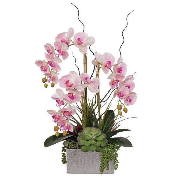 Real Touch Pink Orchid and Succulent Arrangement in Square Silver Pot