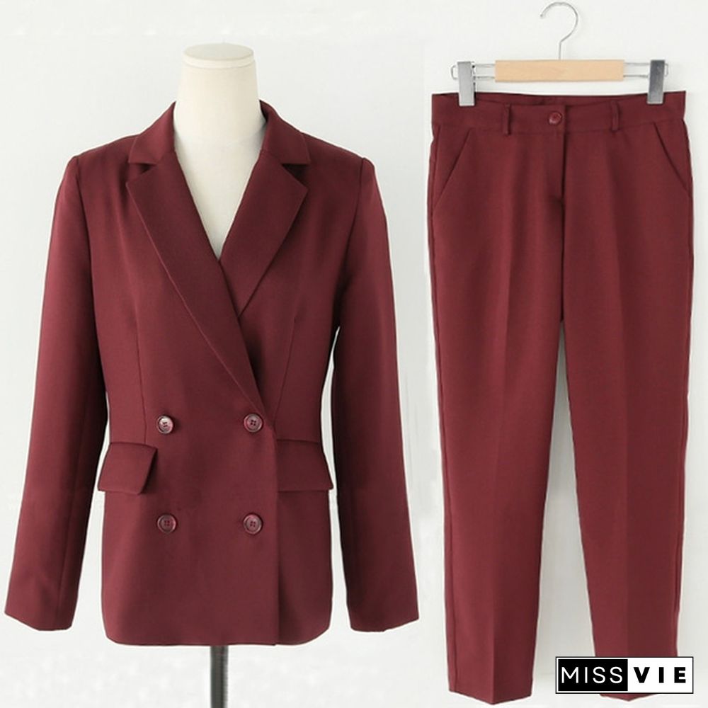 Fashion Two Pieces Sets Lapel Double Breasted Jacket And Slim Pant Suits Women Blazer Suits Office Ladies Outfits Business Set