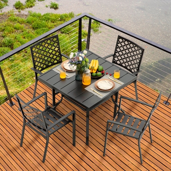 Outdoor 5/7 Piece Dining Set，Iron Finish，Black with Gold Speckles