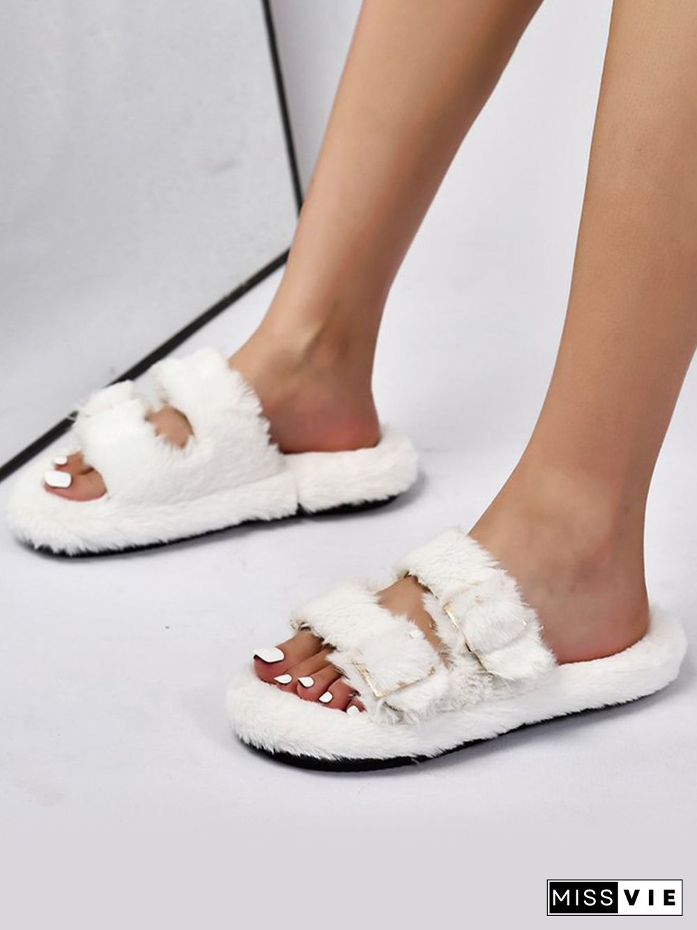 Casual Buckle Furry Slippers