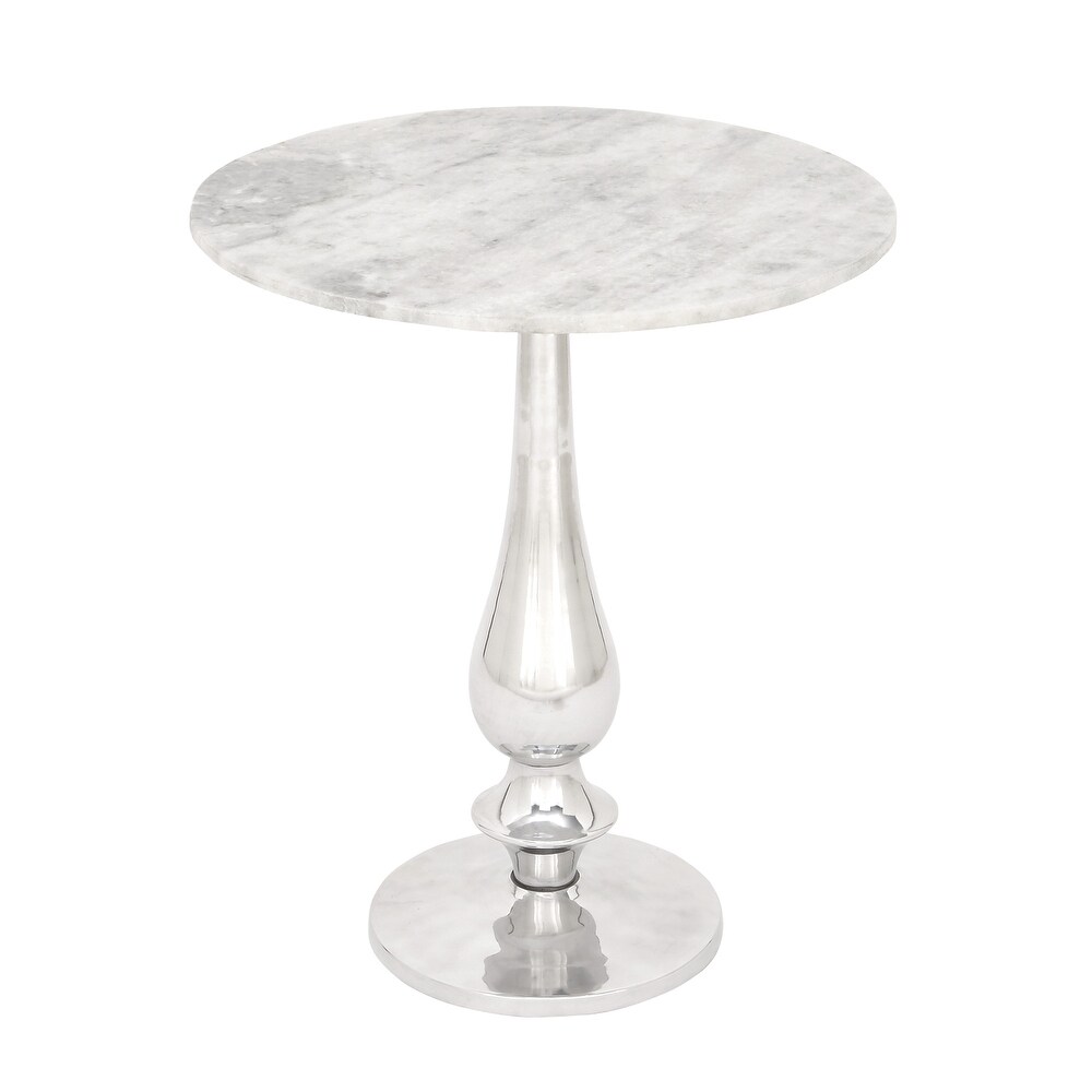 White Marble Accent Table with Silver Aluminium Base   20 x 20 x 24Round