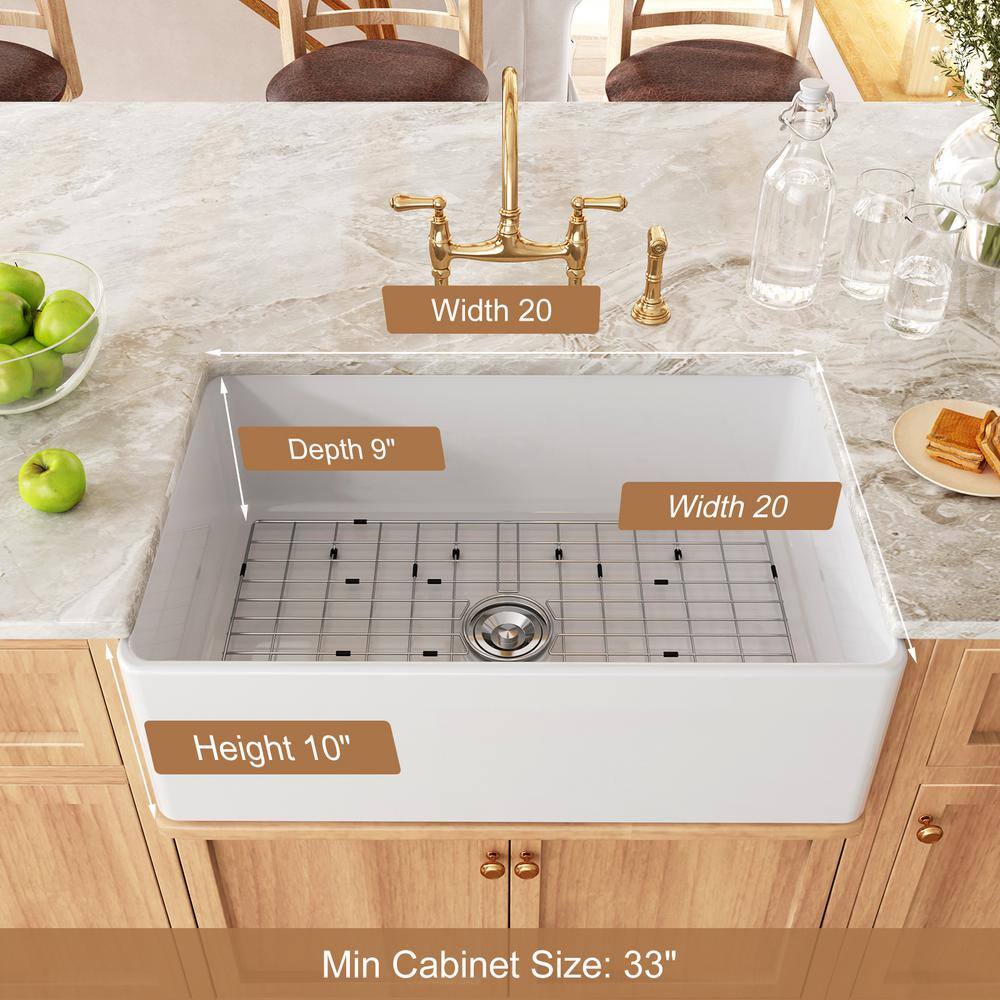 HOROW White Fireclay 30 in. x 20 in. Single Bowl Farmhouse Apron Front Kitchen Sink with Bottom Grid and Strainer HR-F3020